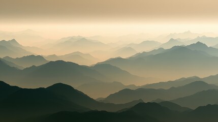 Fototapeta premium Expansive layered mountain landscape with misty atmosphere under soft warm light during sunrise or sunset for serene natural scenic view background