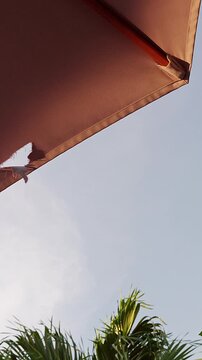 Vertical video. Close-up view of a resort umbrella against a clear blue sky in a tropical environment. Minimal composition with warm sunlight and vacation aesthetics suitable for travel, leisure, rela
