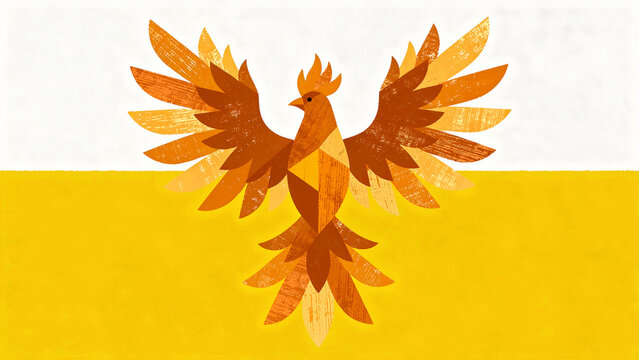 Stylized orange phoenix bird with outspread wings in a geometric folk art style. Vibrant paper-cut texture illustration featuring warm gold tones. Symbol of rebirth for mythical branding.