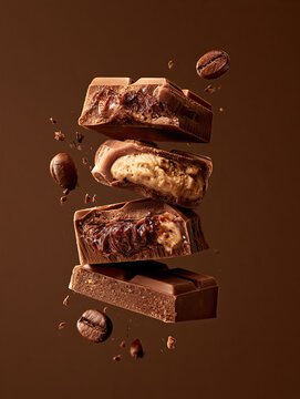 Chocolate stack display. Floating filled pieces with coffee beans. Indulgent sweet composition for dessert design  