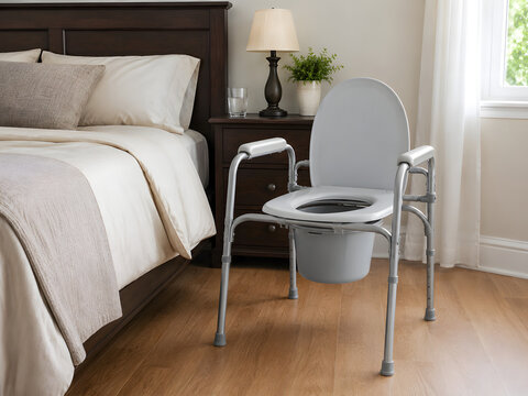 Clean bedside commode setup in a private bedroom