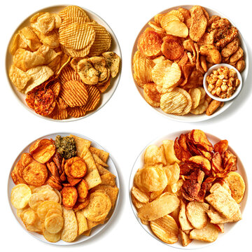 Potato chip plates. Assorted varieties with nuts centerpiece. Savory snack composition for food design  