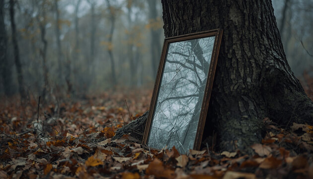 Broken mirror leaning against a tree in the forest &mdash; part of a folk horror and dark poetry series