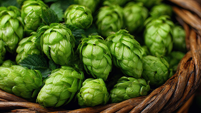 Hop cone harvest. Fresh green flowers with water droplets. Agricultural composition for brewing design  