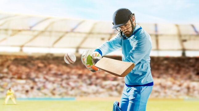 Batsman Hitting Ball During a Cricket Match In Stadium