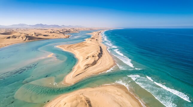 Aerial sandbar coastline. Turquoise ocean lagoon. Pristine coastal landscape. Travel destination photography