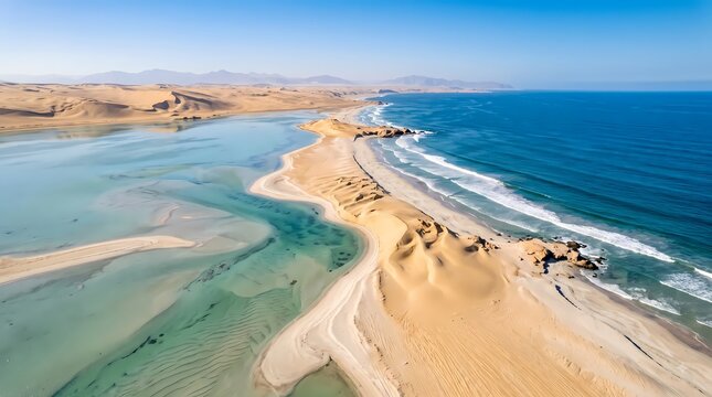 Aerial coastal sandbar landscape. Turquoise ocean lagoon. Scenic shoreline panorama. Travel destination photography