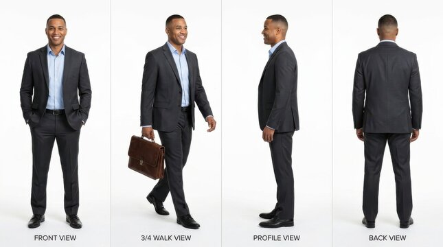 Businessman Full Body Character Sheet Set Including Front Profile Back and Walking Views in Formal Dark Suit with Leather Briefcase Isolated on White
