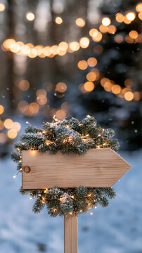 Blank wooden Christmas sign with snowy pine branches and warm fairy lights in winter forest, festive holiday direction sign with copy space for seasonal messages, Christmas background