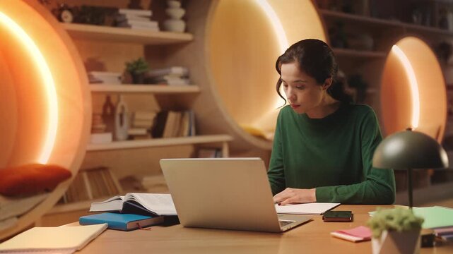 Asian female student doing research in library, reading books and using laptop