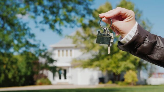 Person holding house keys in front of a large modern home on a sunny day, real estate concept.