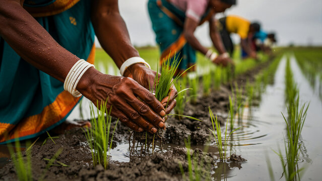 Indian women planting rice seedlings in a wet paddy field. Close-up of weathered hands working in muddy water on a farm. Agriculture and labor concept for food security marketing.