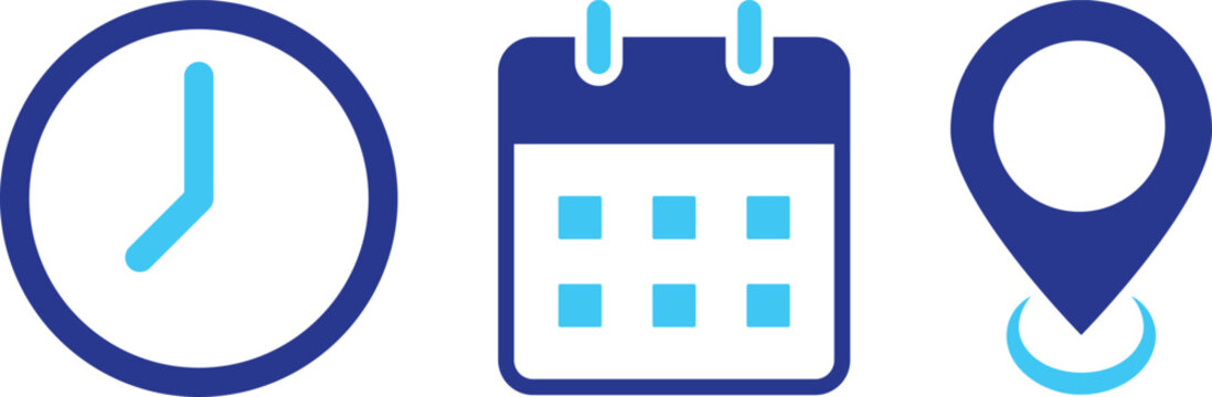 Date Time Location Icon Set. Blue Clock Calendar Map Pin Schedule Event Symbols