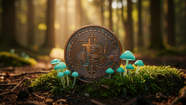 Bitcoin coin on forest moss with glowing mushrooms. Physical crypto token in magical sunlit woodland. Digital growth and eco-finance concept for fintech marketing.