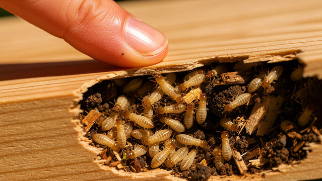 Person pointing at termites inside damaged wood plank. Macro view of white ants destroying lumber. Pest control inspection concept for home maintenance services.