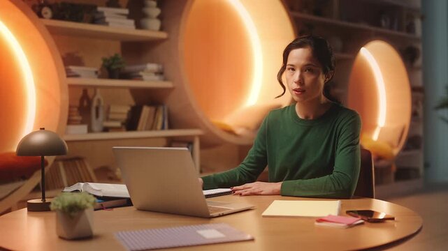 Portrait of smiling Korean female studying in library, distance education