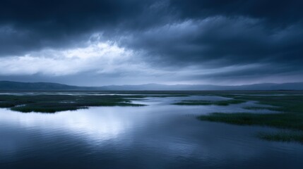Fototapeta premium Landscape photograph of a stormy sky over a body of water. the sky is filled with dark, ominous clouds that are covering the entire horizon.