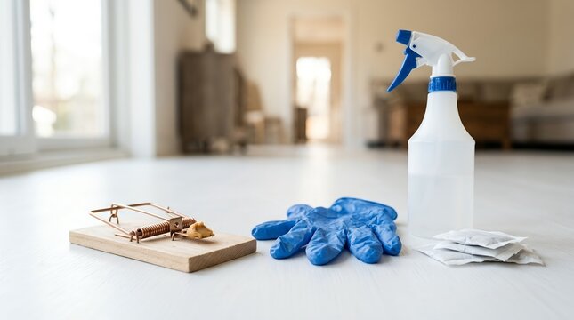 Pest control and house cleaning supplies with a mousetrap and sanitizer spray.