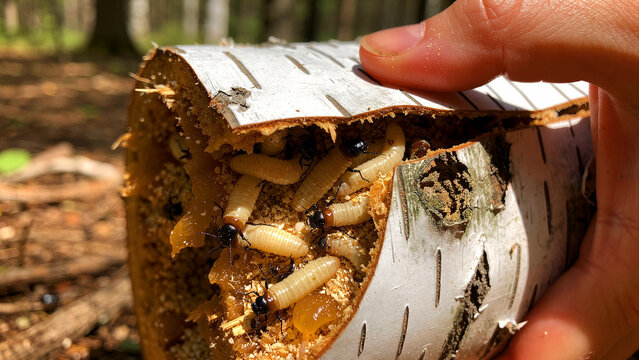 Hand peeling birch bark to reveal wood-boring larvae inside a log. Numerous beetle grubs and larvae infestation visible within decaying wood. Entomology and forest health concept for biology media.