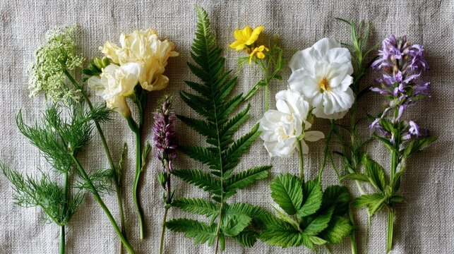 Collection of six different types of flowers arranged on a beige fabric background. there are six flowers in total, each with a unique shape and color.