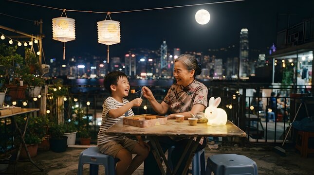 Grandmother and grandson eating mooncakes on a rooftop during midautumn festival