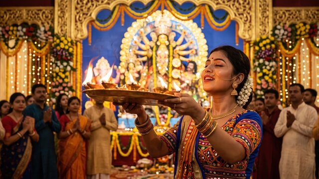 Navratri Pandal Aarti &ndash; Devotee Worshipping Maa Durga