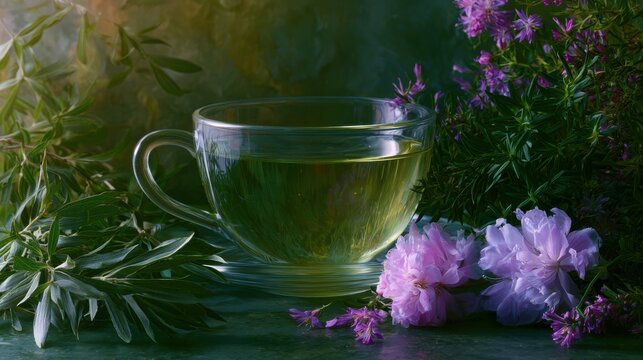 Close-up of a glass cup of green tea on a green surface. the cup is filled with a light green liquid, possibly tea, and is placed on a saucer.