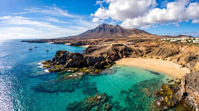 Volcanic coastal landscape. Turquoise ocean shoreline. Scenic island panorama. Travel destination photography
