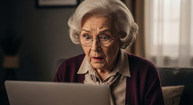 Elderly woman with shocked expression looking at laptop, symbolizing surprise, confusion or discovery, relevant for technology or news themes
