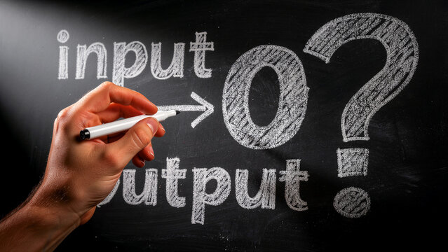 Hand pointing at input output logic on chalkboard. White marker emphasizes a zero result or null data flow. Programming logic and business efficiency concept for technology marketing.