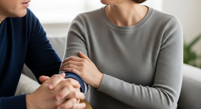 A man's hand rests on a woman's arm, signifying comfort and support, representing connection and care, ideal for emotional or relationship themes