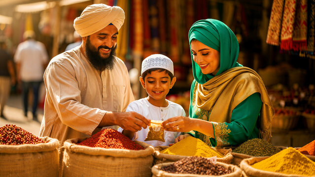 Muslim family shopping for spices at a traditional outdoor market. Happy parents with their young son selecting ingredients. Cultural heritage concept for travel and lifestyle marketing.