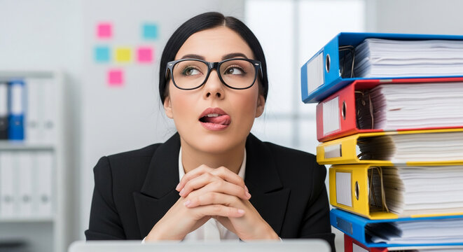 Woman in glasses stuck out her tongue, looking up with clasped hands near a stack of colorful binders, symbolizing office work and boredom