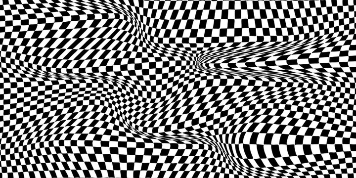 Distorted checkered pattern black and white background design - wavy effect illusion modern vector