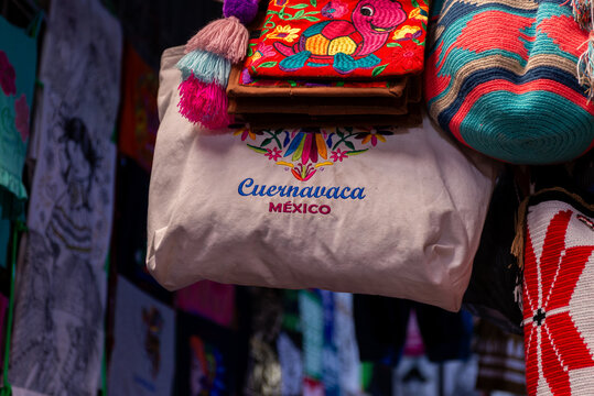 Traditional Embroidered Cuernavaca Mexico Tote Bag Displayed at Artisan Market