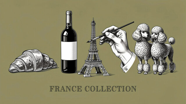 Vintage engraving of French symbols including wine, Eiffel Tower, and poodles. Hand painting a monument in a classic etching style. French heritage theme for tourism and travel marketing.