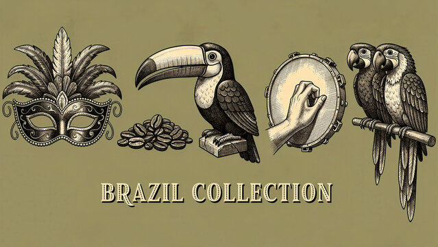 Vintage hand-drawn illustrations of Brazilian cultural icons. Featuring carnival mask, toucan, coffee beans, and macaws. Tourism concept ideal for travel branding and festival design.