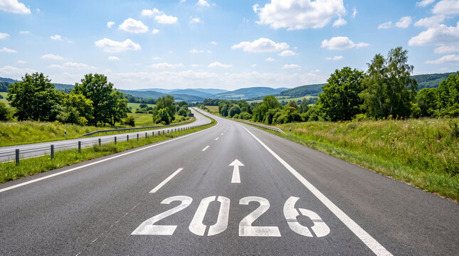 Open road with year 2026 painted on asphalt, leading through lush green landscape under a blue sky, symbolizing journey and future.