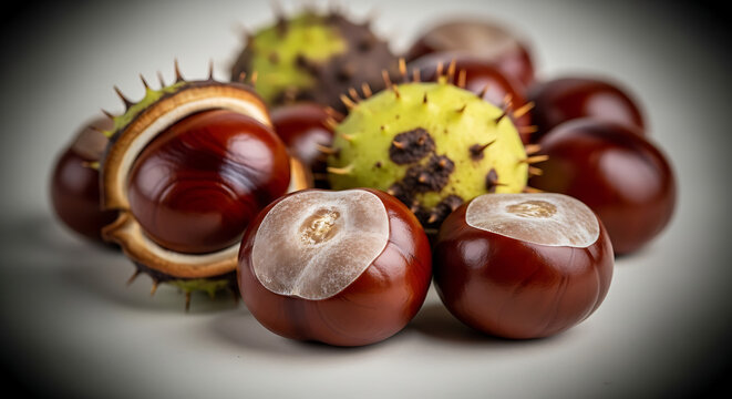 Group of fresh horse chestnuts in spiky green husks with chestnuts, seasonal