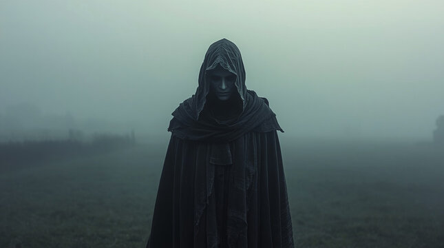 Eerie mysterious figure in a rural landscape &mdash; part of a folk horror and dark poetry series