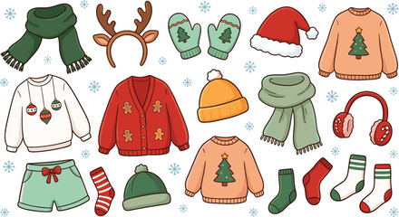 Cute Christmas winter clothes vector icon collection featuring cartoon sweaters mittens scarf santa hat socks and reindeer headband for holiday season design. © airin