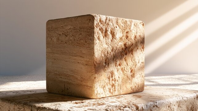 Close-up of textured beige natural stone cube with rough surface illuminated by warm sunlight casting soft shadows on matching stone platform in minimal setting