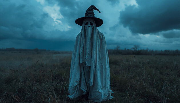 Eerie mysterious figure in a rural landscape &mdash; part of a folk horror and dark poetry series