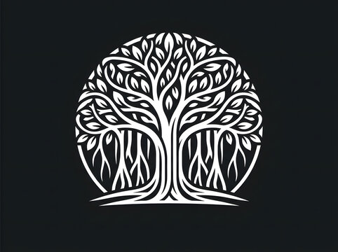 Stylized white banyan tree emblem vector logo design isolated on a dark black background featuring intricate circular root and branch illustration