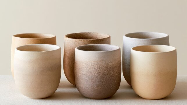 Group of five ceramic cups arranged in a row on a beige surface. the cups are of different sizes and shapes, with the largest one in the center and three smaller ones on either side.