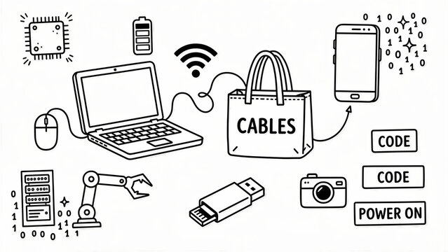 Hand-drawn technology and computing icons in a minimalist doodle style. Set features laptop, smartphone, robot arm, and hardware components. Tech concept ideal for coding blogs and web design.