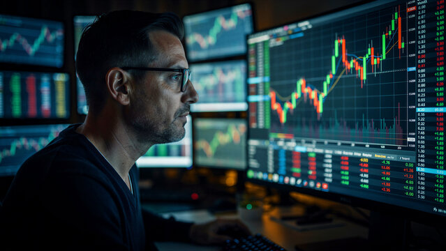 Male trader analyzing stock market data on multiple screens in a dark room. Focused expert monitoring candlestick charts. Wealth management concept ideal for finance and investment marketing.