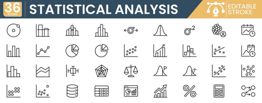 Set of 36 outline icons related to Statistical Analysis. Containing bar chart, pie chart, scatter plot, bell curve, data visualization and more. Line icon collection. Editable line icon. Vector