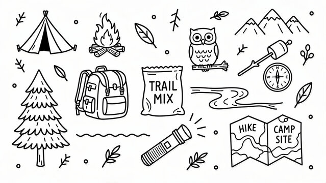 Camping and hiking line art icons set for outdoor adventure. Minimalist doodles including tent, backpack, campfire, and forest elements. Perfect for travel branding and educational materials.