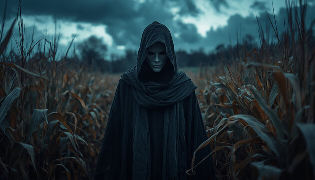 Eerie mysterious figure in a rural landscape &mdash; part of a folk horror and dark poetry series